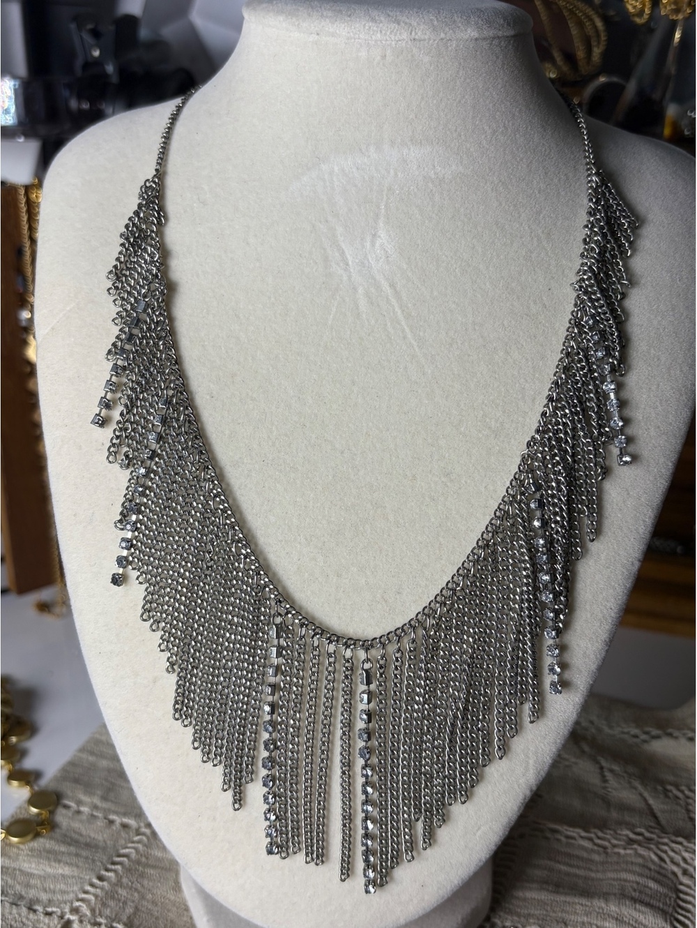 Silver Tone Fringe Bib Necklace